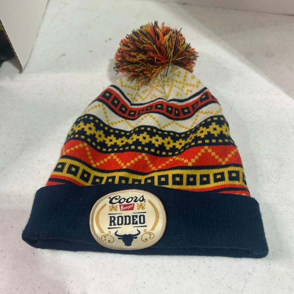 Coors Banquet Rodeo Beanie Hat Navy Blue Fair Isle Knit Pom Pom Cuffed Stocking